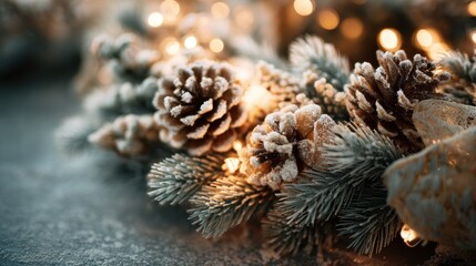 Detailed view of a festive christmas garland adorned with frosted pinecones, evergreen branches, and sparkling warm string lights