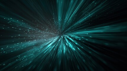 Obraz premium Dynamic abstract background with vibrant teal light rays and sparkling particles exploding from the center on a dark backdrop