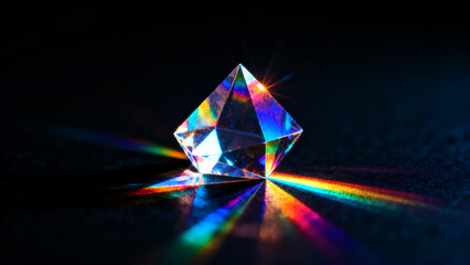 Crystalline prism refraction, dispersion of light, rainbow spectrum rays, dark background, optical flare, physics abstract.