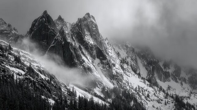 Majestic snowcapped mountain peaks shrouded in atmospheric mist and clouds, creating a dramatic black and white winter landscape