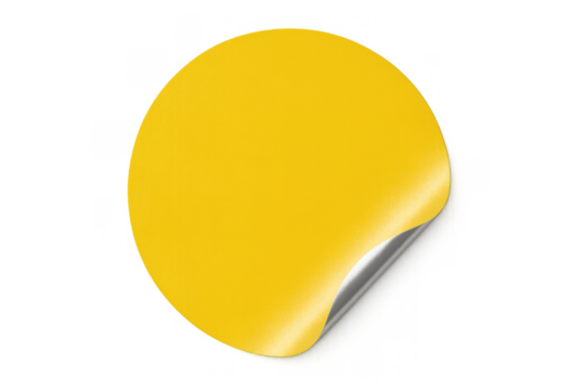 Empty yellow round sticker peeling from surface illustration, blank adhesive label template leaving copy space