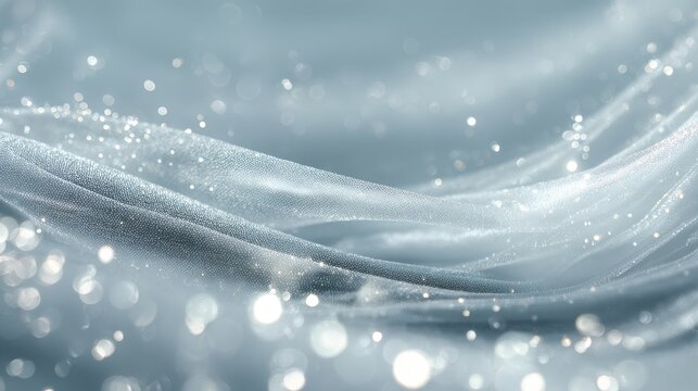 Elegant light blue fabric with sparkling glitter and soft bokeh lights creating a festive and luxurious abstract background