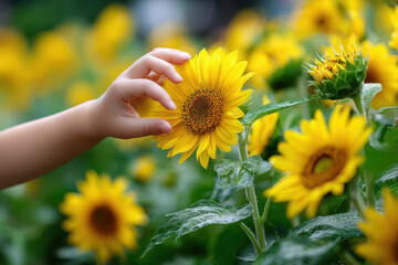Fototapeta premium Child gently touches sunflower in a vibrant flower field during sunny day