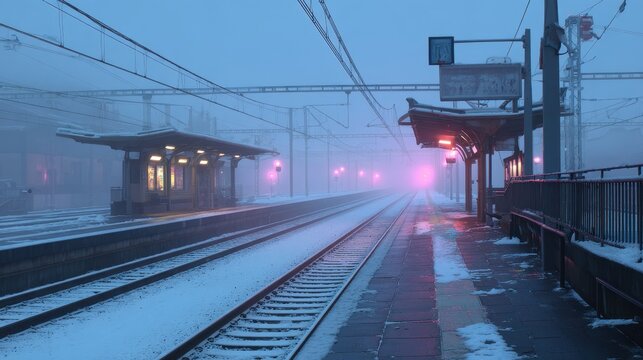 Misty winter evening at a snowcovered train station, with tracks and platform illuminated by soft, glowing lights