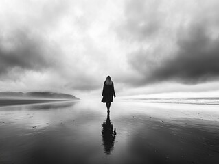 A solitary woman walks along a desolate beach, her silhouette reflecting on the water under a moody sky.