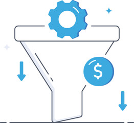 Sales process and money funnel conversion with gear Flat vector illustration