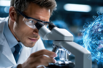 Scientist examining virus sample under microscope in laboratory setting