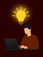 Creativity and idea generation at work. Working on a laptop and inspiration. A light bulb symbolizes the emergence of a new idea or insight.