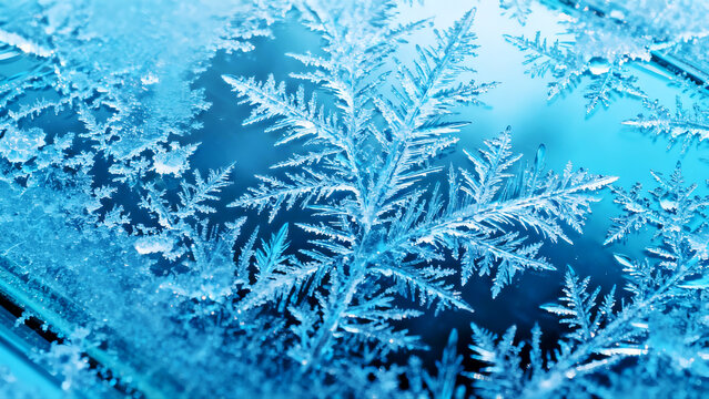 Macro Frozen Ice Crystal Texture on Glass Window Winter Background.