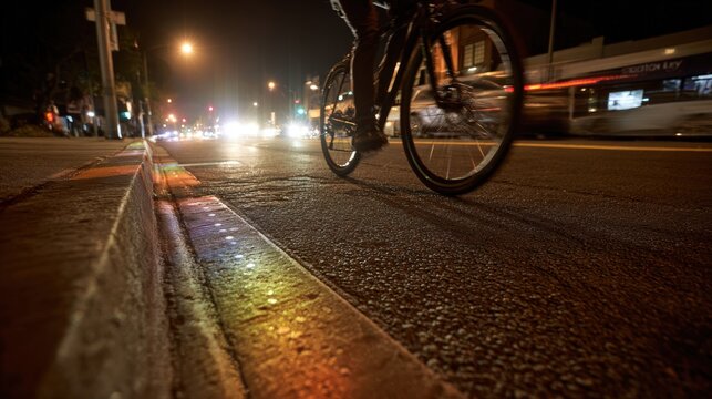 Nighttime Bike Lane with Solar-Powered Lights and Cyclist in Motion