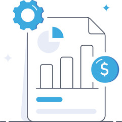 Business report analysis with gear and dollar coin Flat vector illustration
