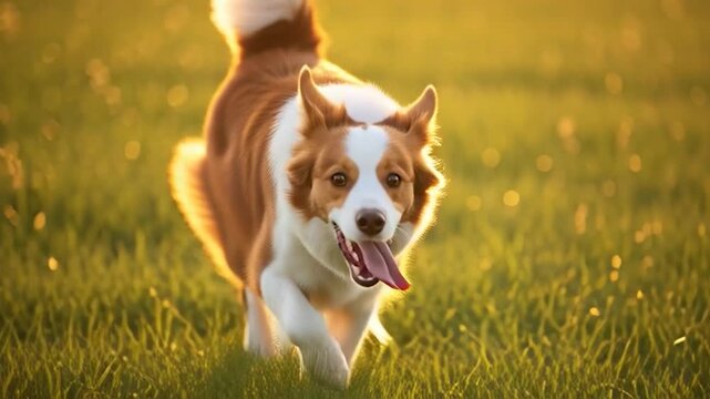 Playful Dog Running Towards Camera in Golden Sunset Field.