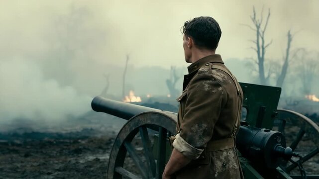 Soldier surveys devastated scene of battle with smoke and broken trees