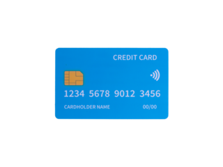 Blue credit card with chip and contactless symbol on a transparent background, representing modern finance, banking, online payment, and shopping concepts.

