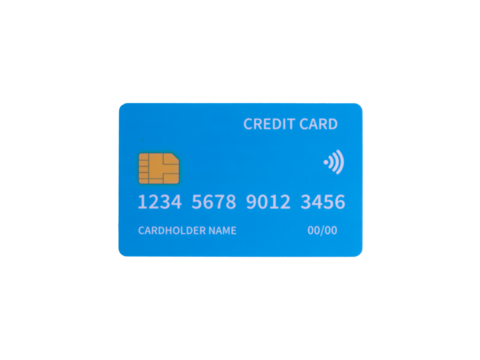 Blue credit card with chip and contactless symbol on a transparent background, representing modern finance, banking, online payment, and shopping concepts.
