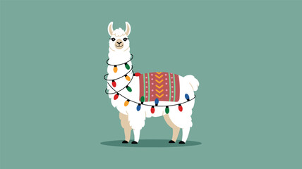 Cute cartoon llama wearing a festive blanket and Christmas lights Keywords: llama, animal, cartoon, cute, festive, Christmas, lights, holiday, decoration, woolly, fluffy, white, green, red, blue © Abdus Salam