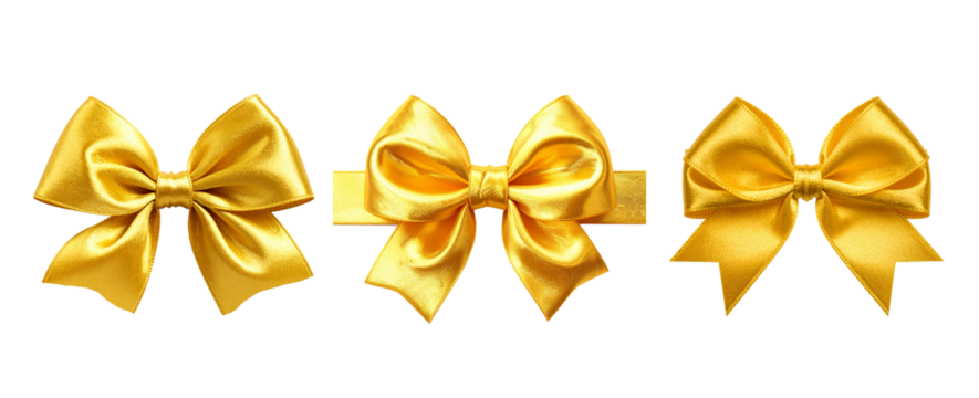 Gold Silk Bow element set. Realistic 3D bow, frontal view, luxurious satin sheen. Isolated high-res PNGs for premium, Christmas, New Year, anniversary, and elegant festive design projects