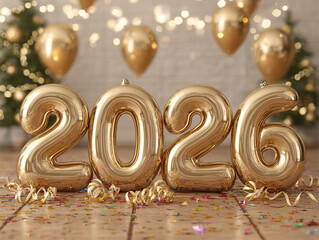 Balony foliowe "2026" i konfetti na parkiecie, na tle złotych balon&oacute;w, choinek i lampek. Scena noworocznej imprezy i radosnej celebracji.