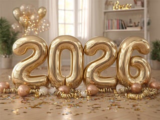 Balony foliowe "2026" i dekoracje, na tle słonecznego wnętrza z oknem. Scena noworocznej imprezy z brokatem i złotymi ozdobami. Radosna celebracja.