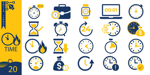 Collection of modern time management icons including clocks, timers, hourglasses, deadlines, speed indicators and financial time symbols in blue and yellow