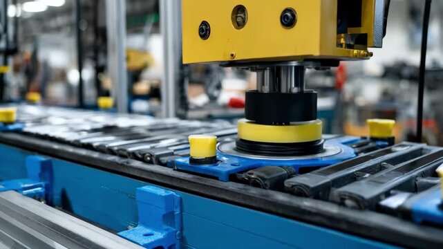 Medium shot of an AIpowered vision system scanning products on a conveyor belt for quality defects with high precision in an industrial setting.