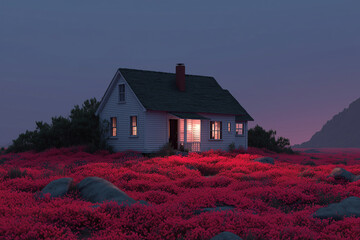 Samotny, biały domek pośród jaskrawoczerwonego pola kwiatów, oświetlony ciepłym blaskiem okien, na tle fioletowo-szarego, nastrojowego zmierzchu.