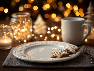 Dwa pierniki-śnieżynki na pustym, białym talerzu, otoczone świątecznymi dekoracjami, świecami i rozmytymi, ciepłymi światłami bokeh.