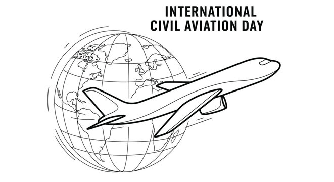 An airplane flying around a globe with the text international civil aviation day shown