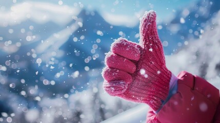 A gloved hand gives a thumbs-up in falling snow against a bright mountain landscape. The scene expresses positivity, winter adventure and outdoor enthusiasm.