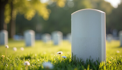 Blank gravestone surrounded by grass and flowers in a cemetery  