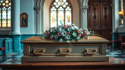 Wooden casket adorned with flowers inside church with stained glass  
