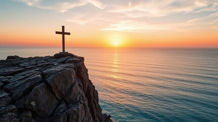 Solitary cross on rocky outcropping overlooking tranquil water at sunset