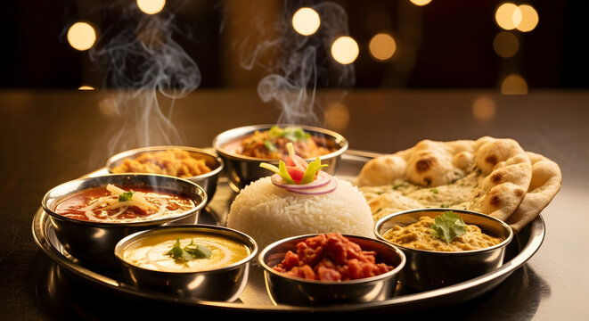 A traditional Indian thali platter with naan, curry, dal, and colorful side dishes, served on a metal plate