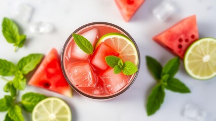 Summer refreshing drink with watermelon, lime and mint on top, surrounded by ice cubes. Ideal for health, detox and tropical holiday concepts. Top view.