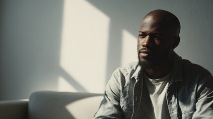 Contemplative Man in Therapy Session in Bright Minimalist Room