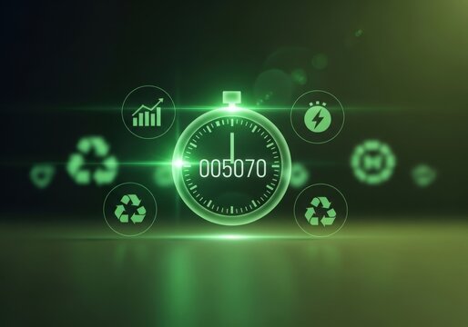 Green digital stopwatch with eco and energy icons, symbolizing sustainability goals