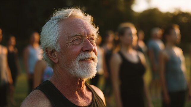 Elderly Man Leading Outdoor Yoga Class in Golden Hour Light