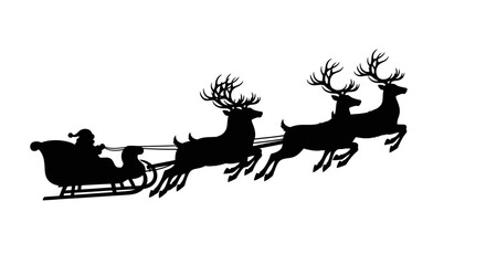 Classic Santa Claus Silhouette Driving Sleigh Pulled by Reindeer Isolated on White Background