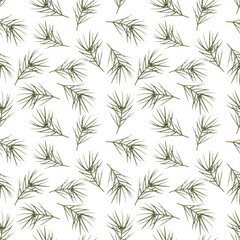 Watercolor seamless pattern depicting coniferous twigs made in natural shades on a light background. It is suitable for decorating festive materials, packaging, seasonal collections and decorative
