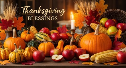 Abundant Thanksgiving Blessings Display with Pumpkins, Apples, Corn, Wheat, and Candle in Rich Autumn Setting