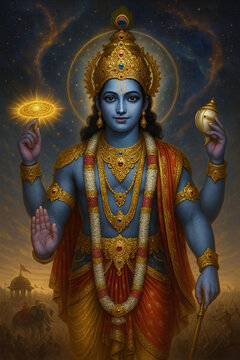 Shri Krishna with Divine Sudarshan Chakra in Cosmic Background
