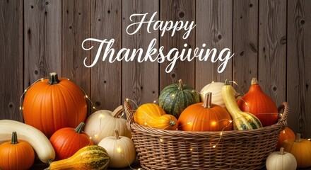Rustic Happy Thanksgiving Script Text Above Wicker Basket Filled with Assorted Pumpkins, Gourds, and Fairy Lights on Dark Wood