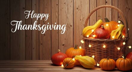 Rustic Happy Thanksgiving Script Text Above Wicker Basket Filled with Assorted Pumpkins, Gourds, and Fairy Lights on Dark Wood