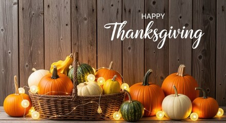 Rustic Happy Thanksgiving Script Text Above Wicker Basket Filled with Assorted Pumpkins, Gourds, and Fairy Lights on Dark Wood