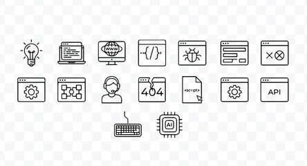 Set of handdrawn outline icons representing programming, development, technology, computer science, and digital interface concepts for web design