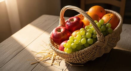 Sunny Morning Light on Wicker Fruit Basket with Fresh Apples, Green Grapes, and Oranges on Rustic Wood Table