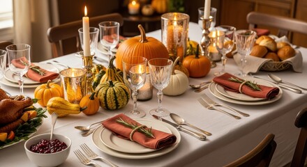 Traditional Thanksgiving Dinner Table Setting with Taper Candles, Assorted Pumpkins, and Orange-Themed Napkins