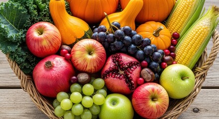 Rich Autumn Harvest Basket Overflowing with Pumpkins, Apples, Grapes, and Vegetables for Thanksgiving Abundance