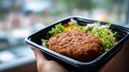 Close up of a person's hand holding a takeaway container with a falafel patty and salad shallow depth of field