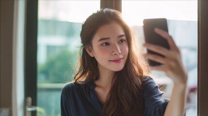 Young Asian woman capturing a selfie with her smartphone near a window with soft natural light